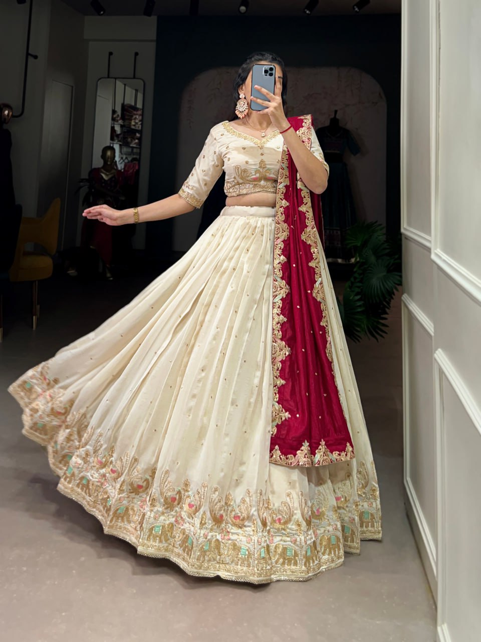 Beautiful Off White Lehenga Choli With Sequins and Thread Embroidery | Ready To Wear