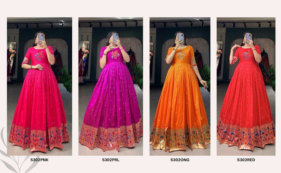 Latest Jacquard Silk Gown Weaving Work with Both Side Tassels | Ready To Wear