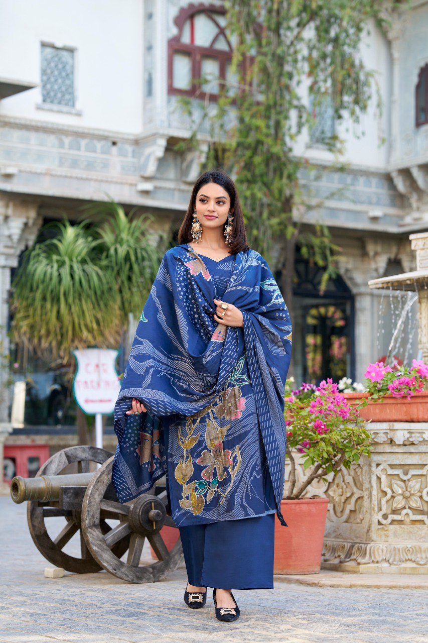 Roman Silk Salwar Suit Foral Print With Beets Handwork | Ready To Wear