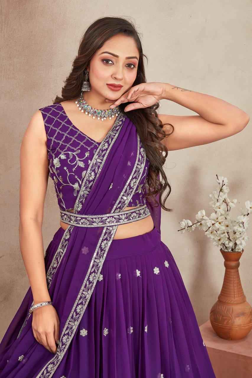 Latest Heavy Georgette Purple Lehenga Choli With Embroidery Zari Work