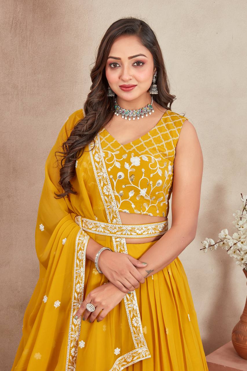 Beautiful Mustard Yellow Georgette Lehenga Choli With Embroidery Thread Work