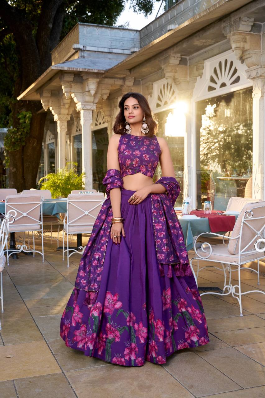Beautiful Tussar Silk Lehenga With Floral Print And Foil Work | Ready To Wear