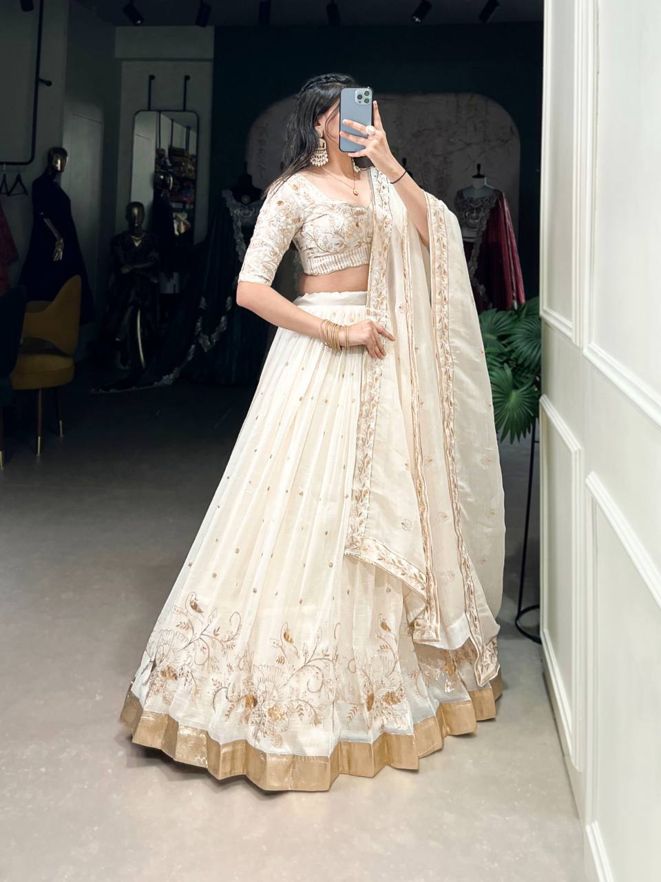 New Silver Glosy Lehenga Choli Sequins And Embroidery With Foil Work | Ready To Wear