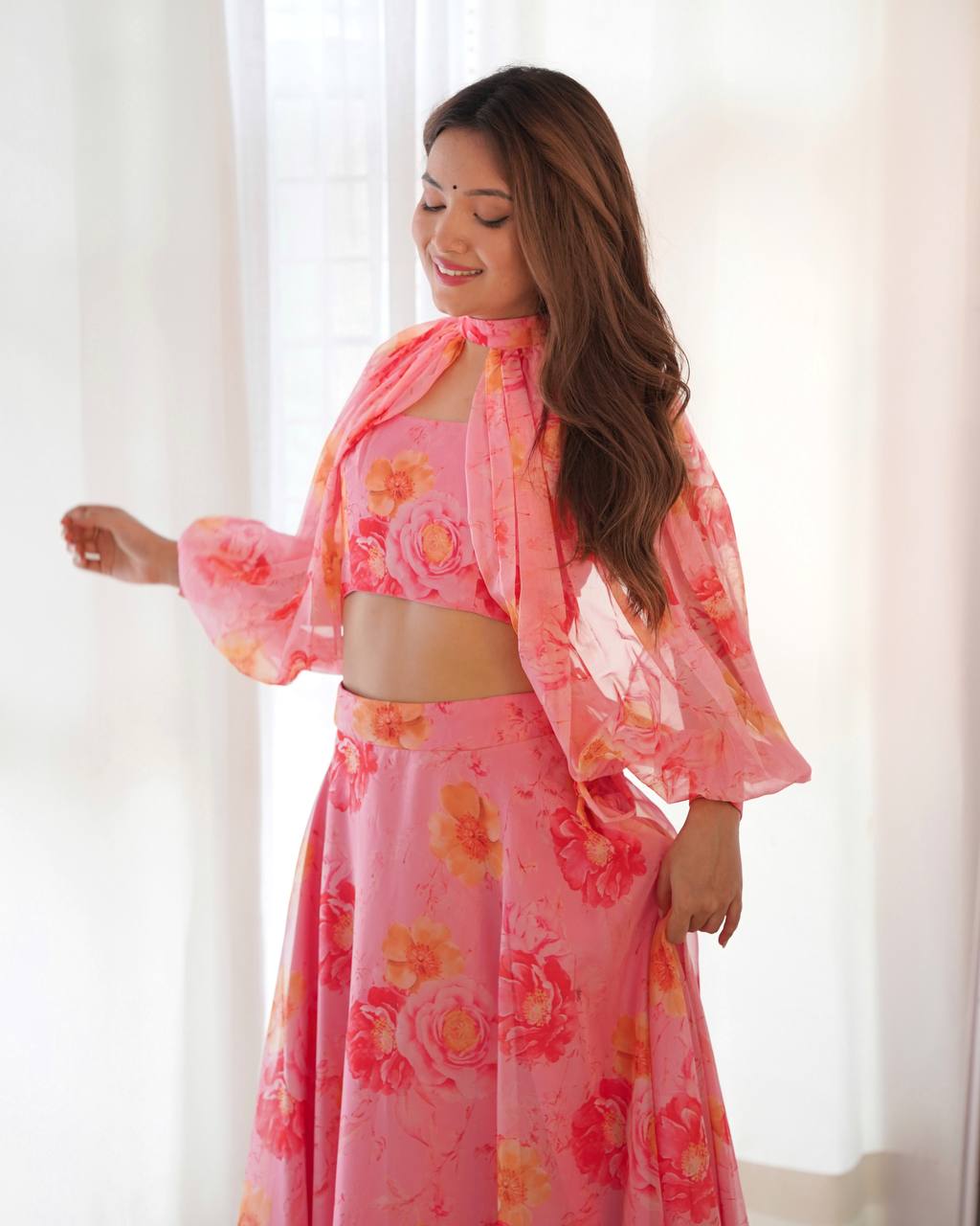 Pink Lehenga Choli With Pure Soft Tabby And Floral Print | Ready To Wear