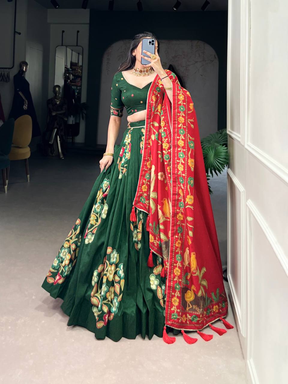 Tussar Silk Lehenga Choli With Printed, Foil Work And Lace Touch Up| Ready To Wear