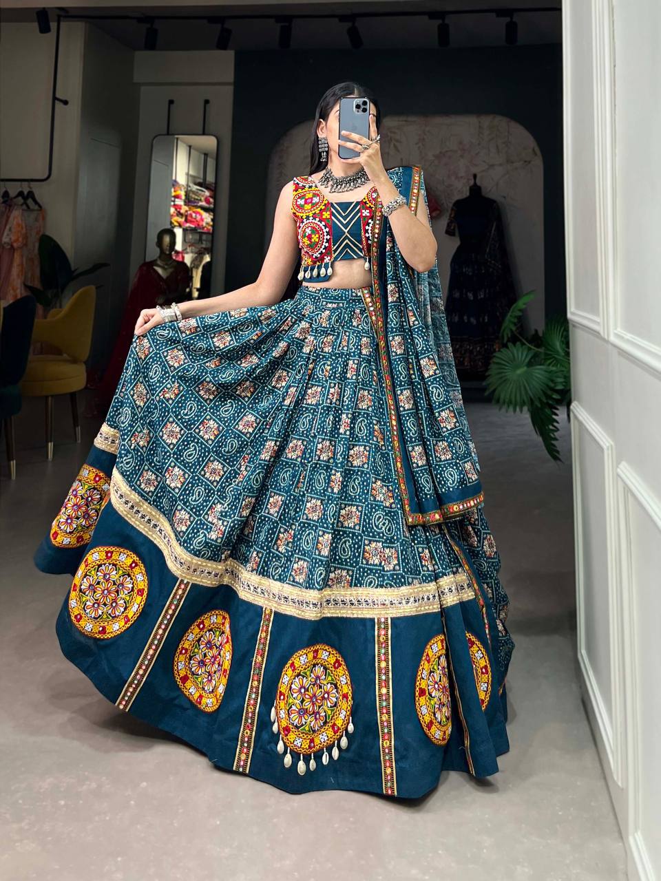 Rayon Blue Lehenga Choli With Printed, Foil Paper And Mirror Work | Ready To Wear