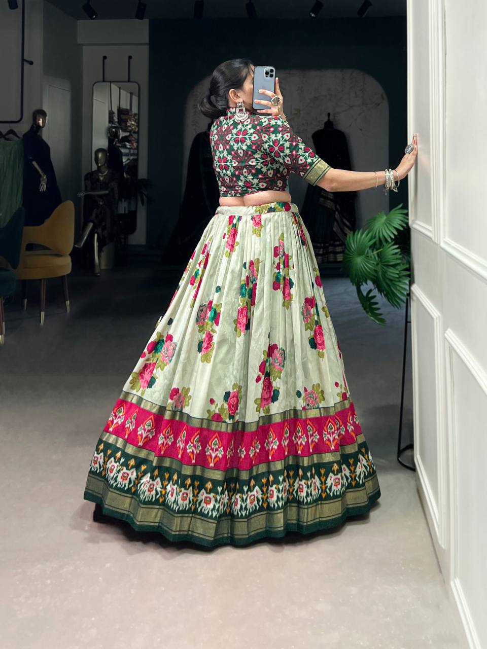 Tussar Silk Lehenga Choli With Floral Patola Print And Foil Work | Ready To Wear