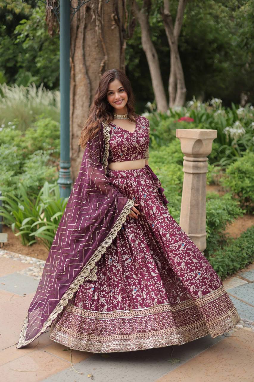 Pure Dyable Viscose Jacquard With Golden Embroidered Sequins Work Lehenga Choli - India shopping