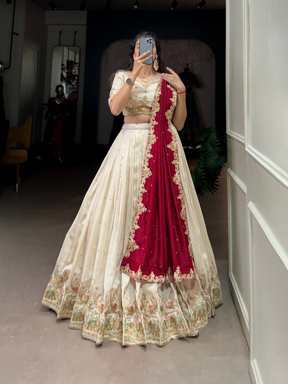 Beautiful Off White Lehenga Choli With Sequins and Thread Embroidery | Ready To Wear