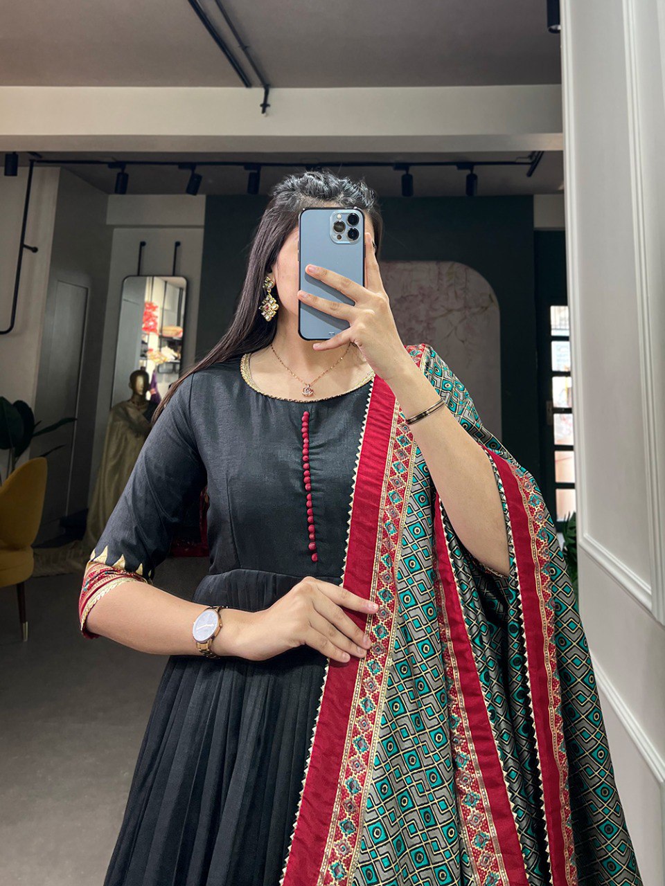 New Tussar Silk Gown Print With Foil Print Work | Ready To Wear