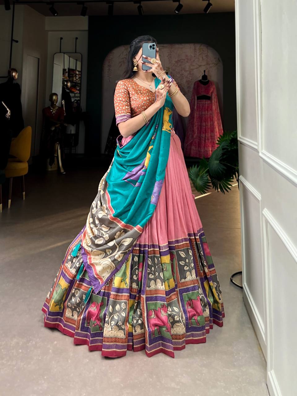 Latest Tussar Silk Lehenga Choli Kalamkari With Foil Work | Ready To Wear