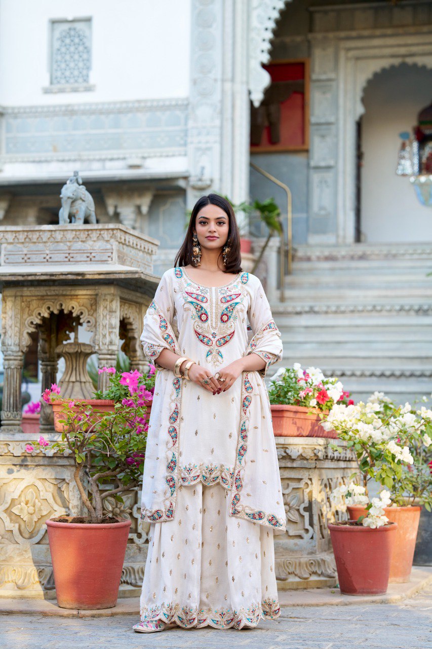 Beautiful Vichitra Silk Co-ord Set With Thread Embroidery Work | Ready To Wear