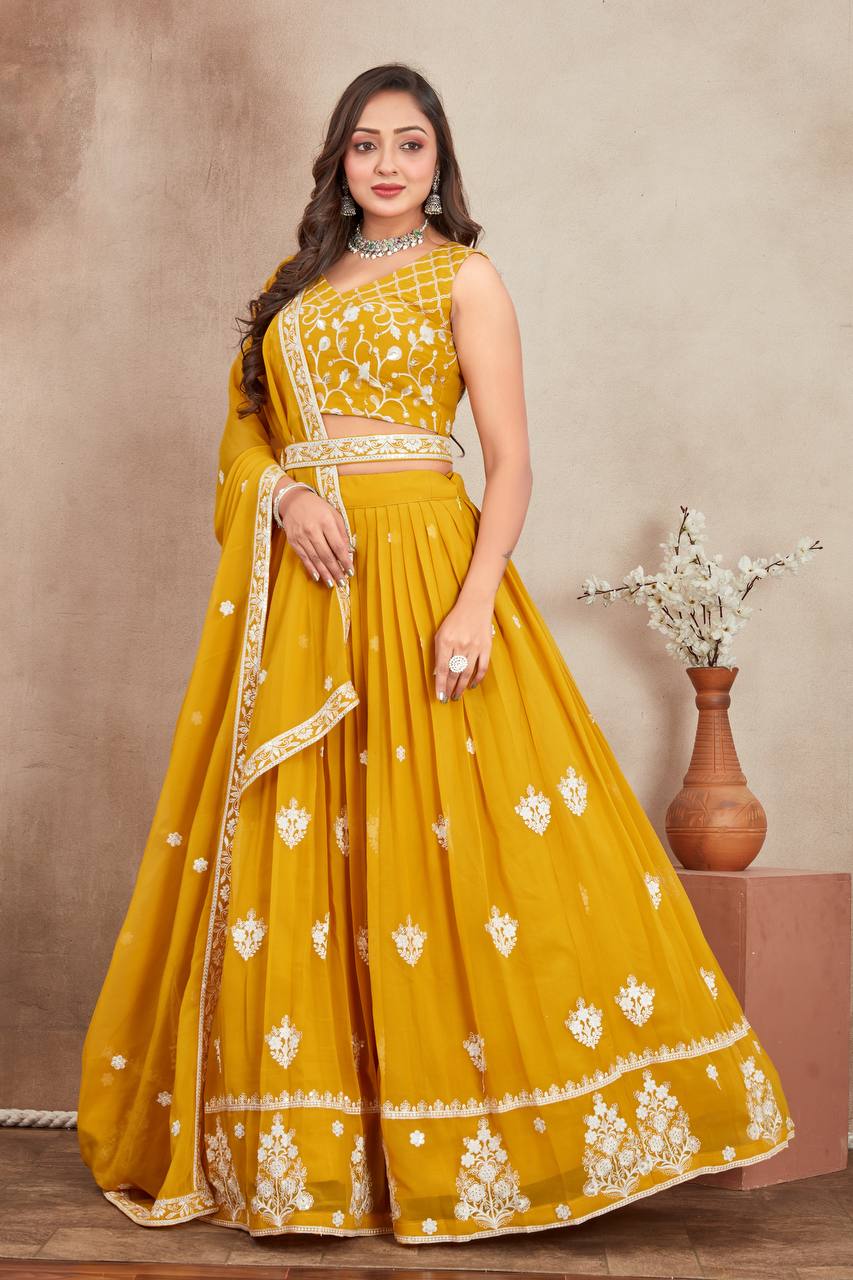 Beautiful Mustard Yellow Georgette Lehenga Choli With Embroidery Thread Work