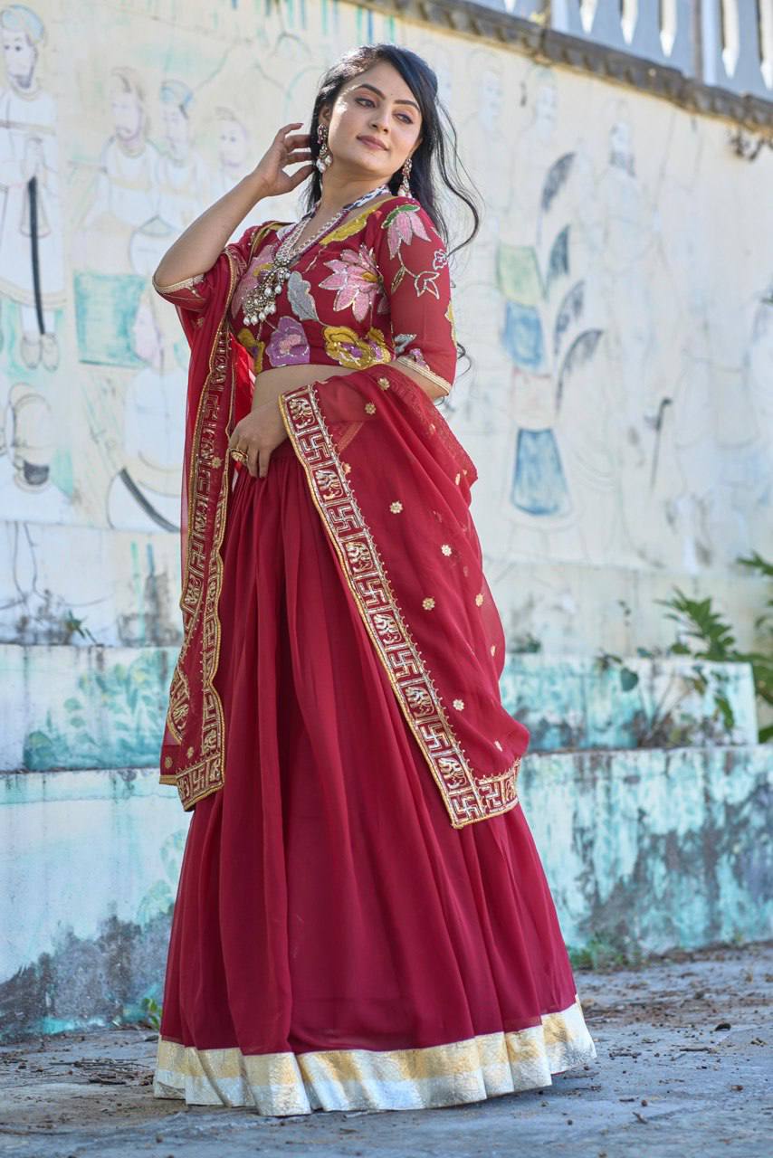 Classical Maroon Embroidery Lehenga Choli With Heavy Gorgette Work | Ready To Wear
