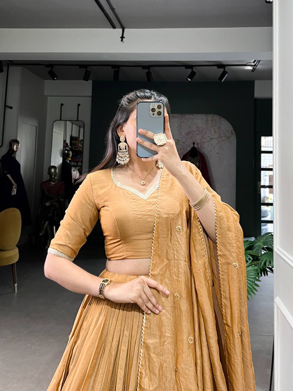 Designer Pure Chanderi Lehenga Choli Plain With Zari Weaving Work Border | Read To Wear