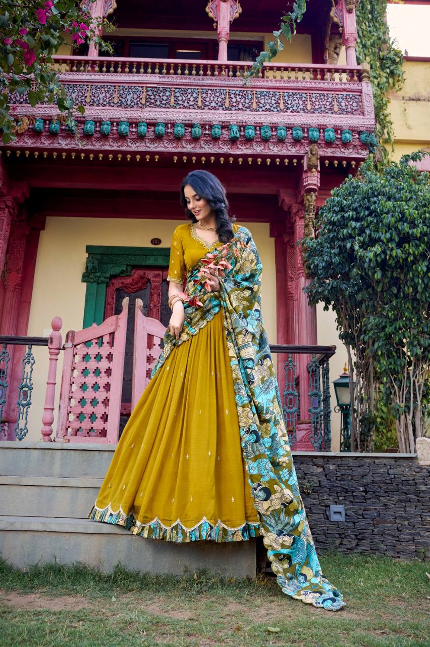 Designer Lehenga Choli With Sequins And Kalamkari Print Border | Ready To Wear