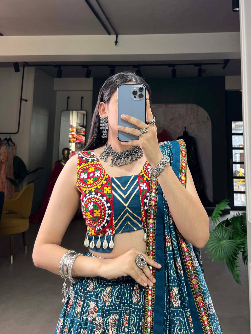 Rayon Blue Lehenga Choli With Printed, Foil Paper And Mirror Work | Ready To Wear