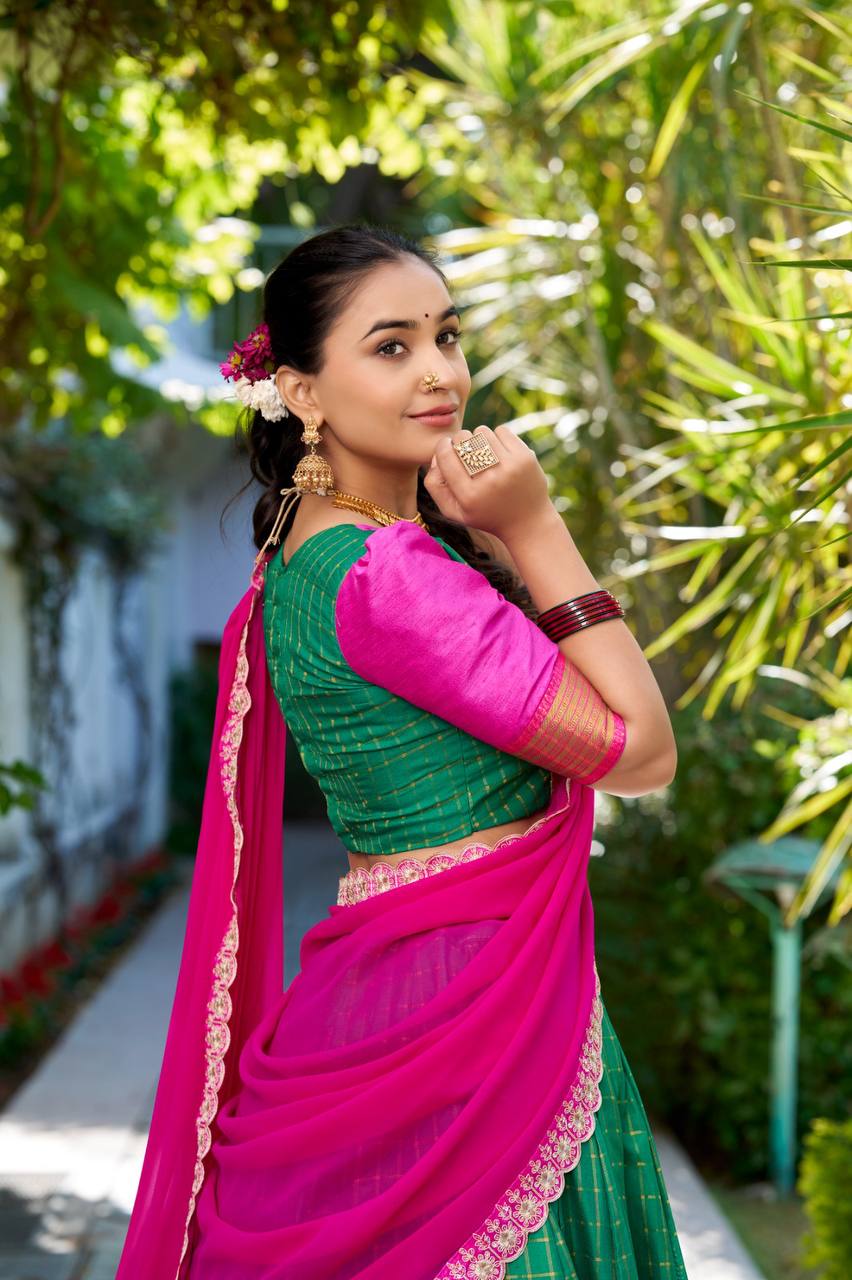 Stylish Lehenga Choli With Chex And Zari Weaving Work| Ready To Wear