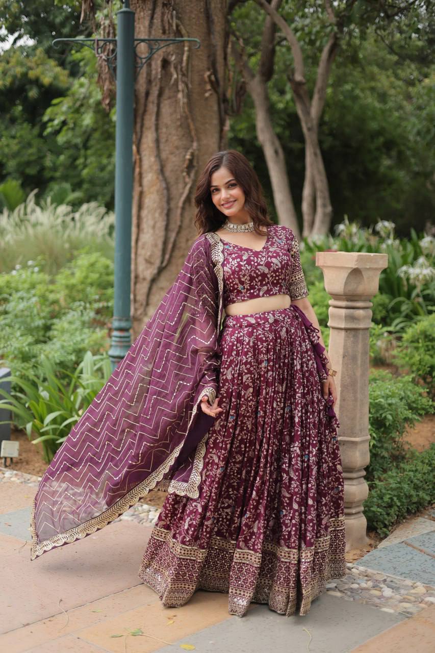 Pure Dyable Viscose Jacquard With Golden Embroidered Sequins Work Lehenga Choli - India shopping