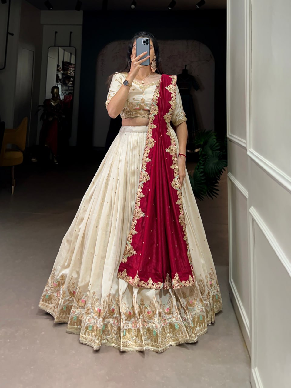 Beautiful Off White Lehenga Choli With Sequins and Thread Embroidery | Ready To Wear