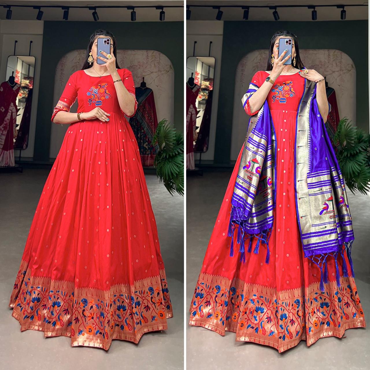 Latest Jacquard Silk Gown Weaving Work with Both Side Tassels | Ready To Wear