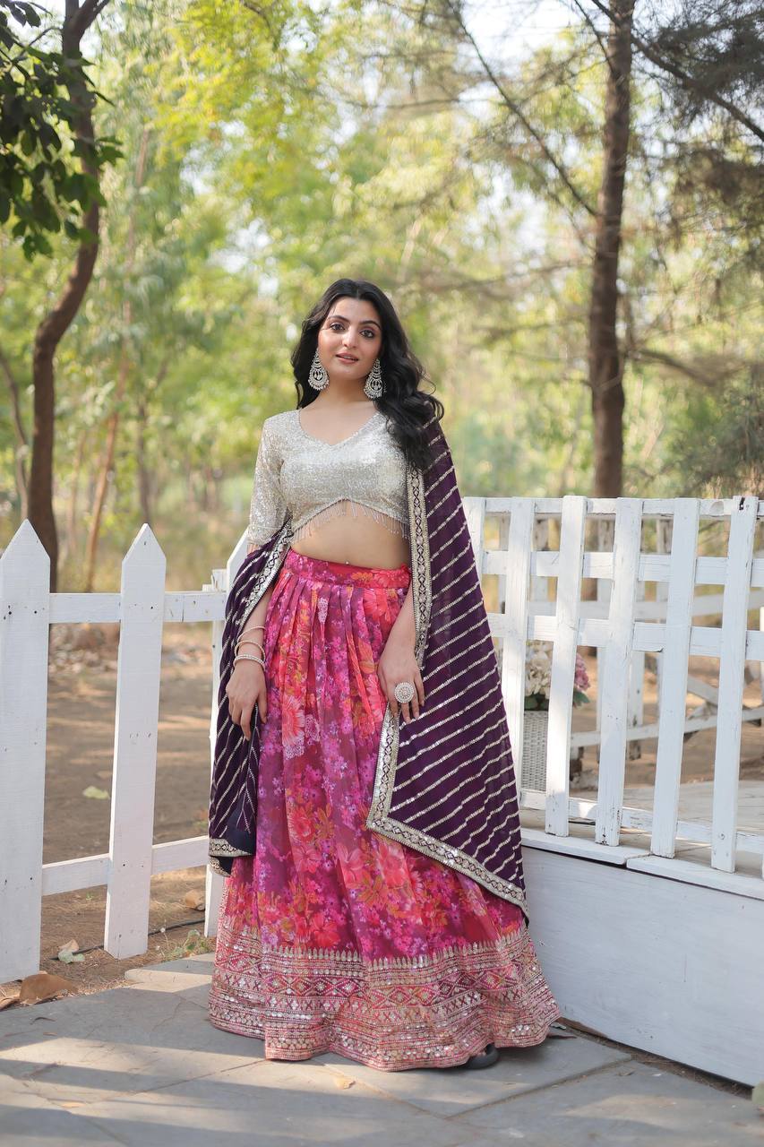 Digital Printed Lehenga Choli With Thread Embroidered work | Ready To Wear