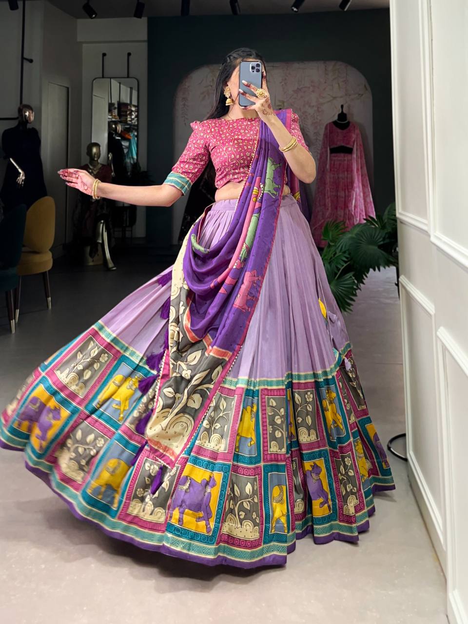 Latest Tussar Silk Lehenga Choli Kalamkari With Foil Work | Ready To Wear