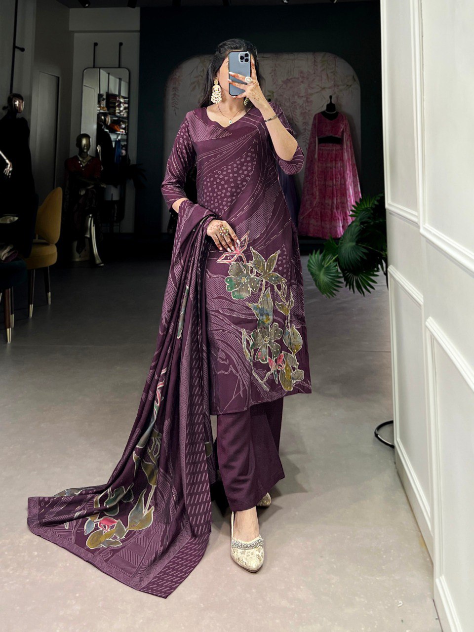 Roman Silk Salwar Suit Foral Print With Beets Handwork | Ready To Wear