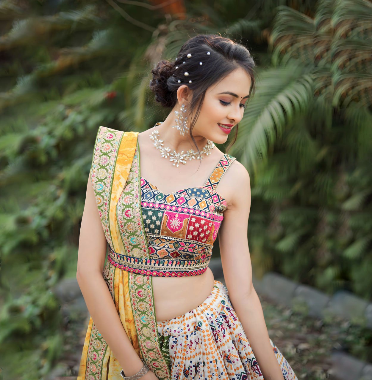 Multi Coloured Bandhej Patola Foil Print Lahenga Choli