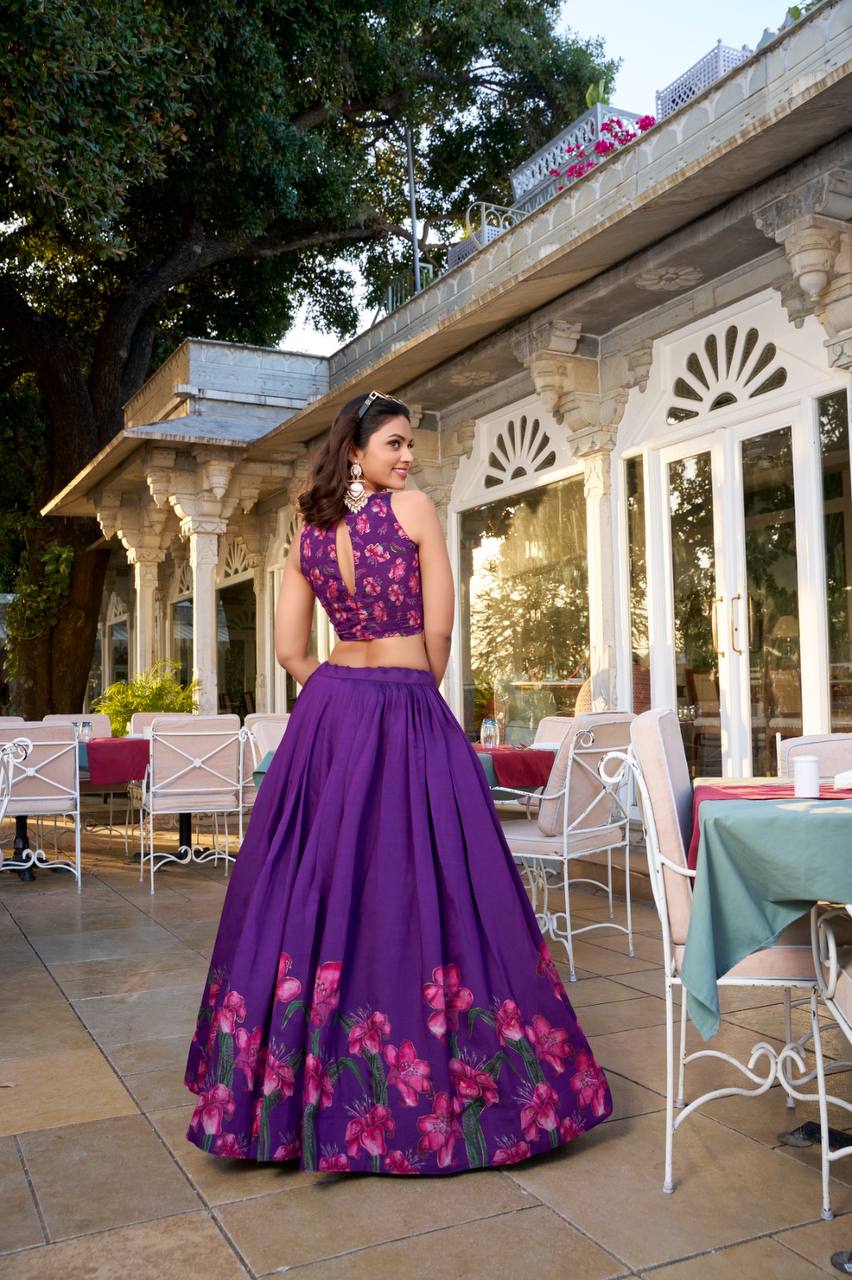 Beautiful Tussar Silk Lehenga With Floral Print And Foil Work | Ready To Wear