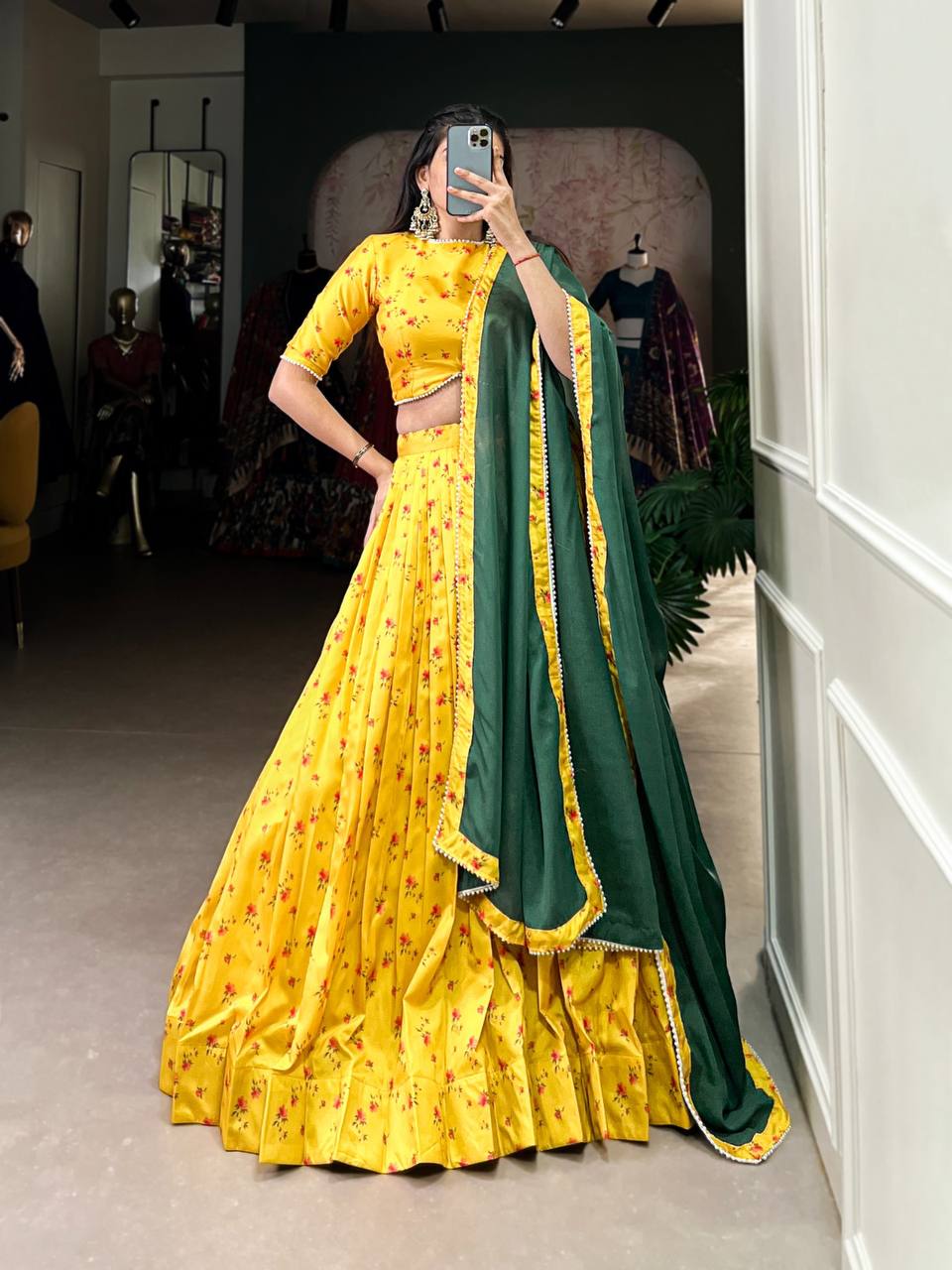 Traditional Tussar Silk Lehenga Choli With Floral Print Work | Ready To Wear