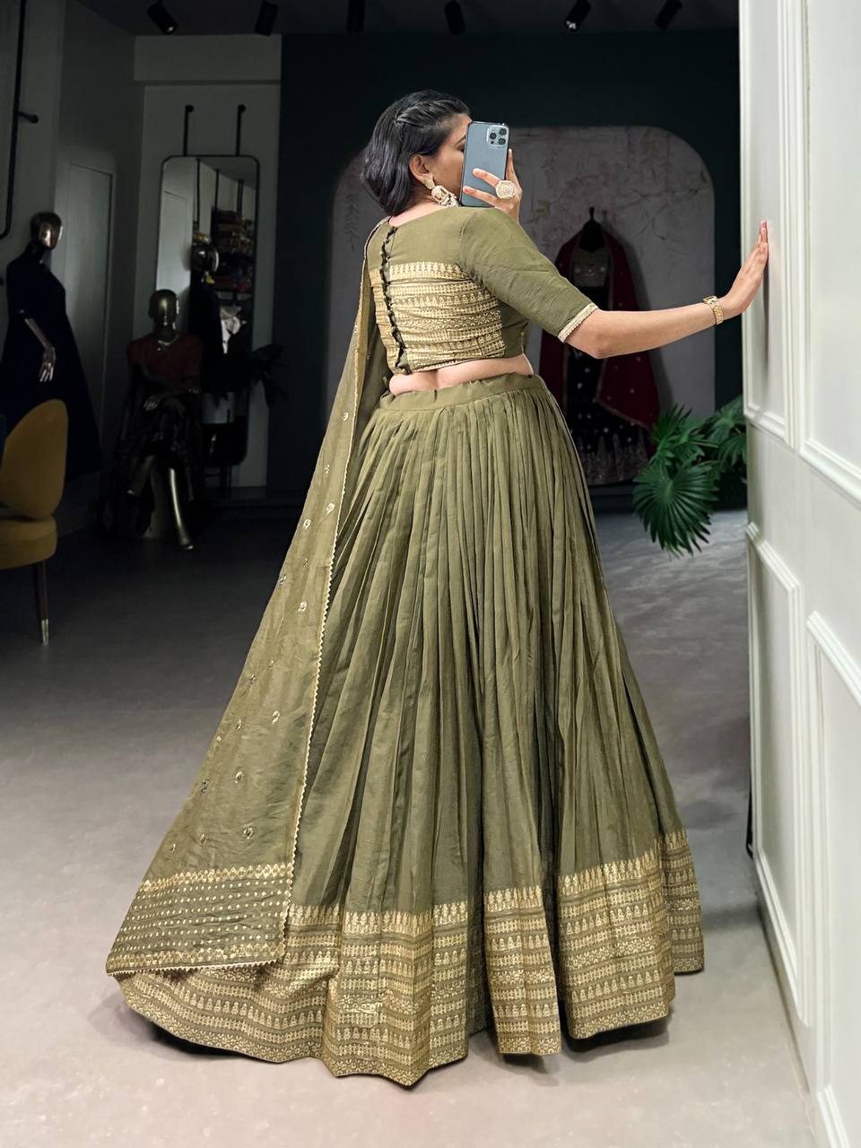 Designer Pure Chanderi Lehenga Choli Plain With Zari Weaving Work Border | Read To Wear