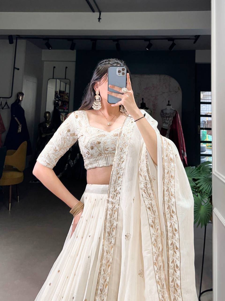 Silver Glosy Lehenga Choli With Sequins, Embroidery And Foil Work | Ready To Wear