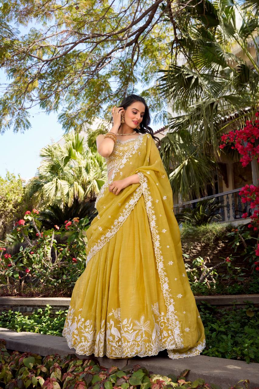 Golden Lehenga Choli With Sequins, Thread And Embroidery Work | Ready To Wear