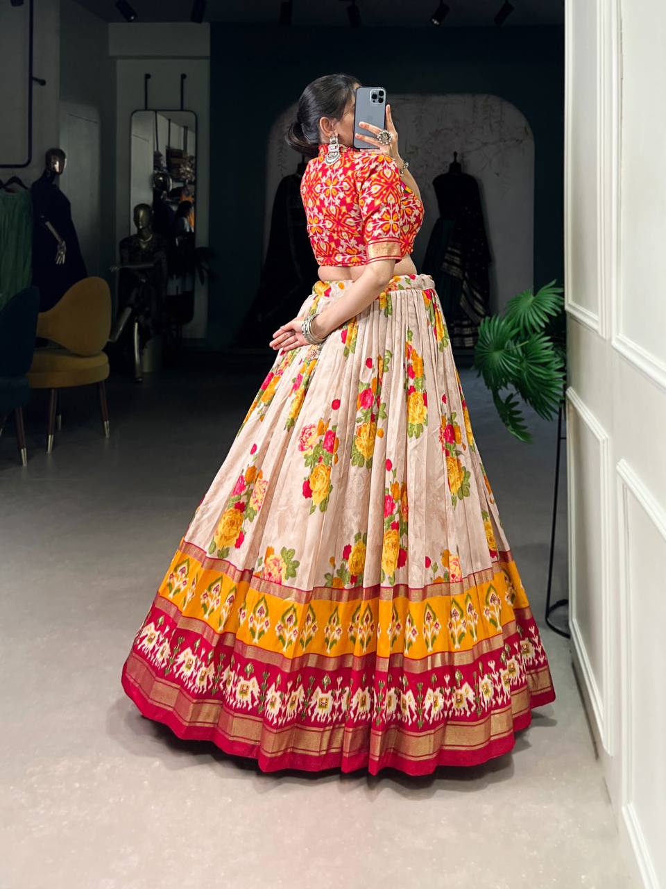 Tussar Silk Lehenga Choli With Floral Patola Print And Foil Work | Ready To Wear