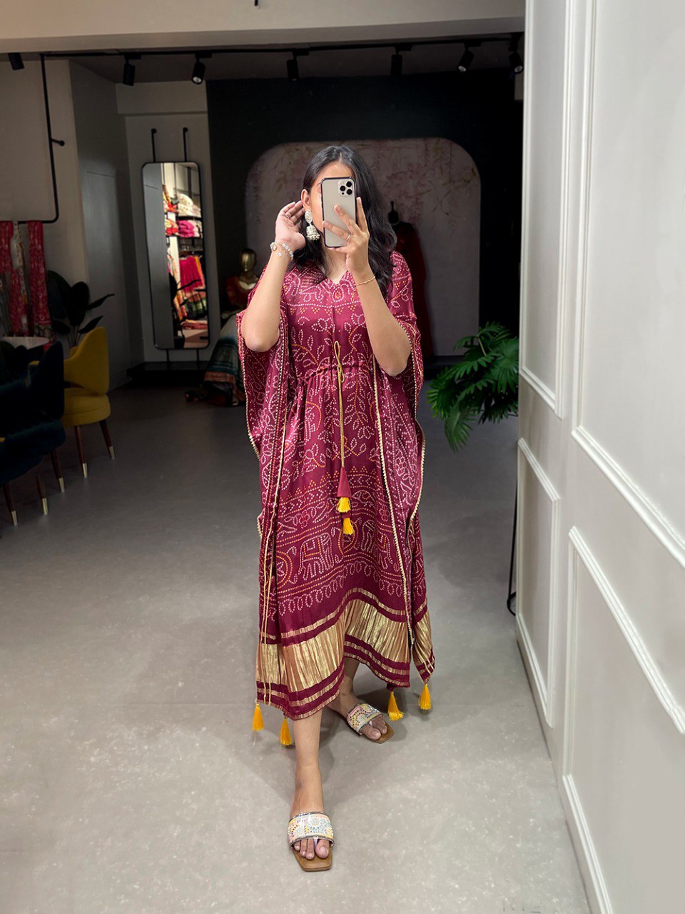 Pure Gaji Silk Kaftan Digital Print With Gotta Patti Lace Border | Ready To Wear