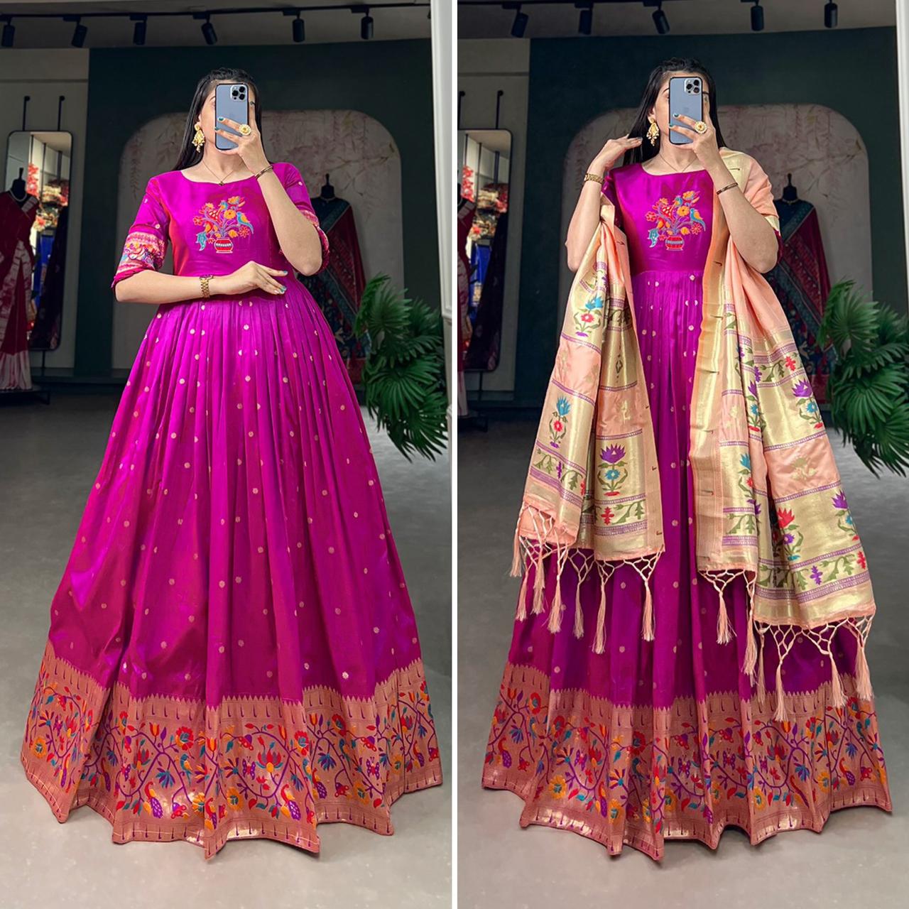 Latest Jacquard Silk Gown Weaving Work with Both Side Tassels | Ready To Wear