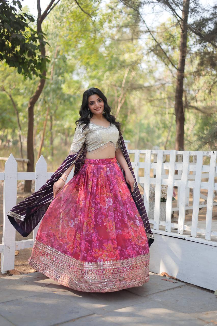 Digital Printed Lehenga Choli With Thread Embroidered work | Ready To Wear