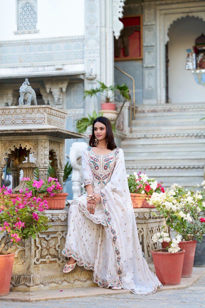 Beautiful Vichitra Silk Co-ord Set With Thread Embroidery Work | Ready To Wear