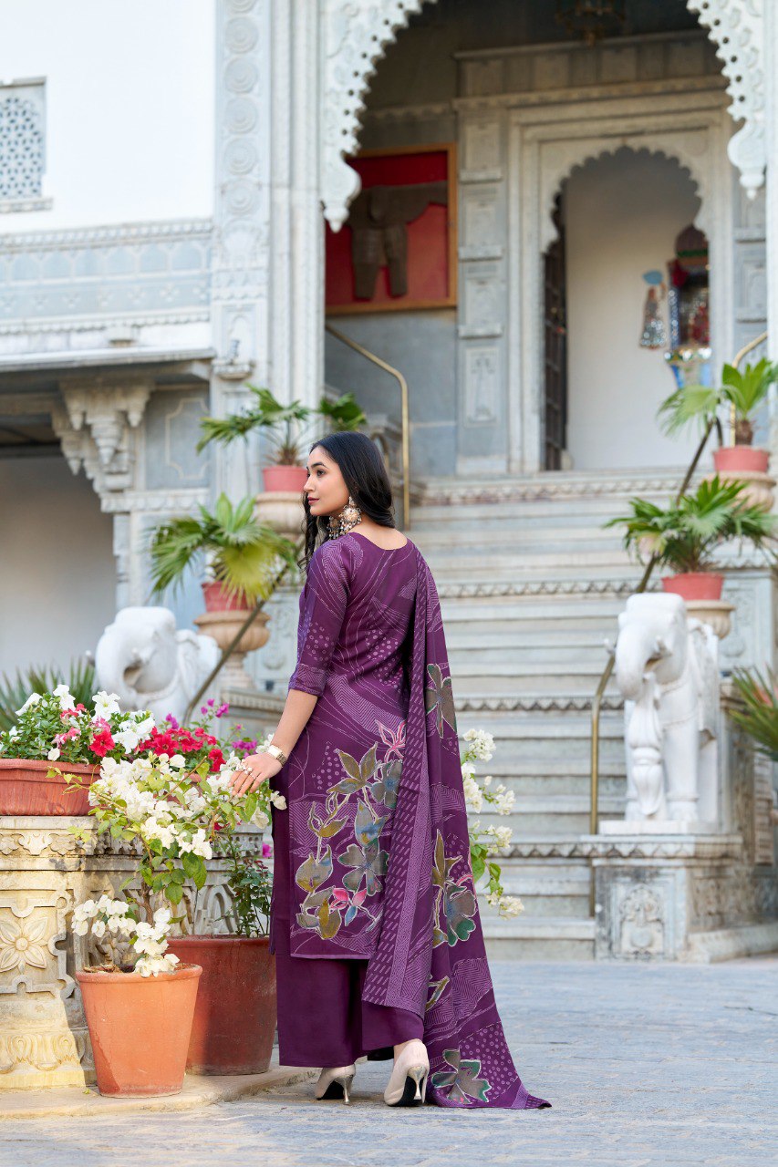 Roman Silk Salwar Suit Foral Print With Beets Handwork | Ready To Wear