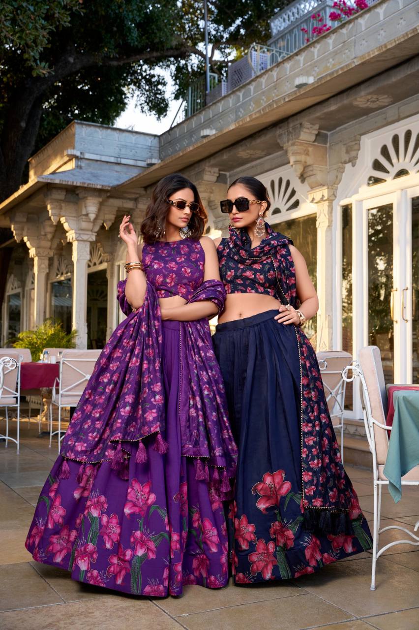 Beautiful Tussar Silk Lehenga With Floral Print And Foil Work | Ready To Wear