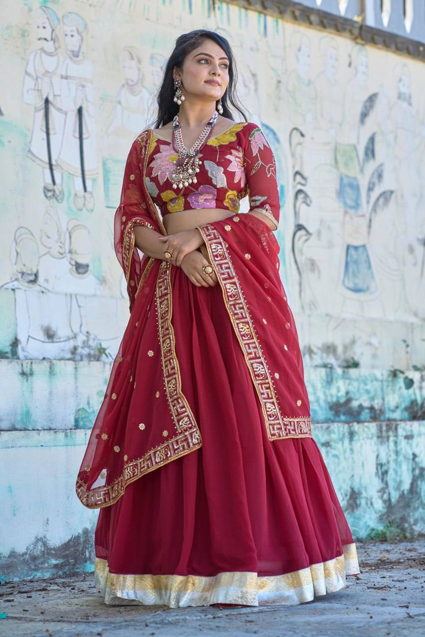 Classical Maroon Embroidery Lehenga Choli With Heavy Gorgette Work | Ready To Wear