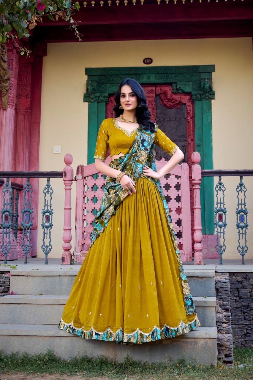 Designer Lehenga Choli With Sequins And Kalamkari Print Border | Ready To Wear
