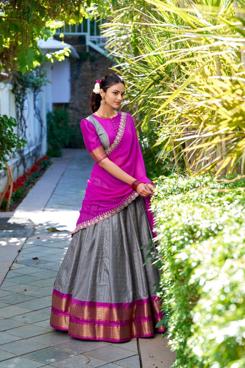 Stylish Lehenga Choli With Chex And Zari Weaving Work| Ready To Wear