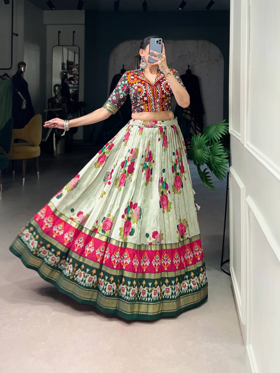 Tussar Silk Lehenga Choli With Floral Patola Print And Foil Work | Ready To Wear