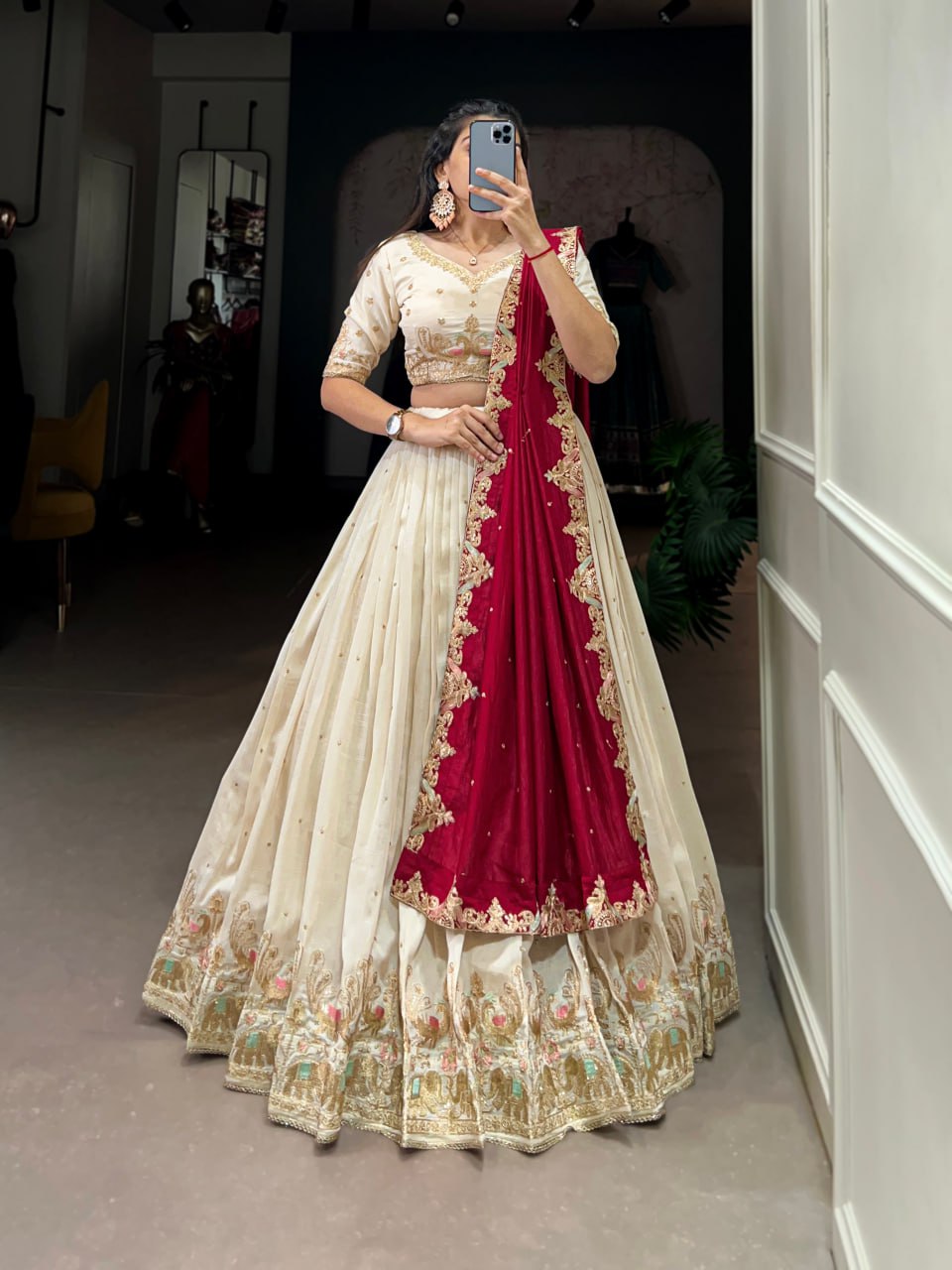 Beautiful Off White Lehenga Choli With Sequins and Thread Embroidery | Ready To Wear