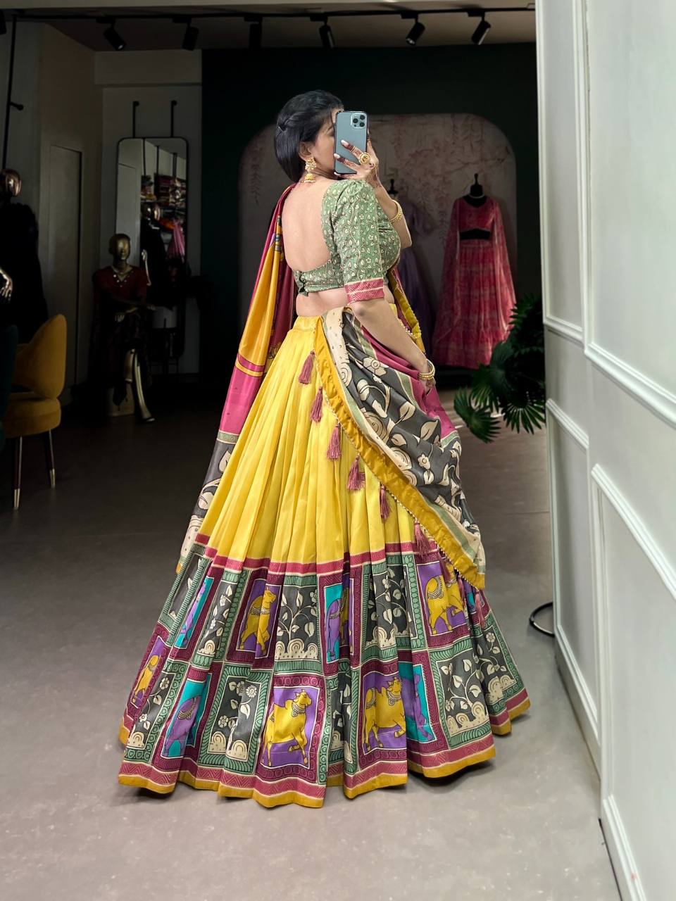 Latest Tussar Silk Lehenga Choli Kalamkari With Foil Work | Ready To Wear