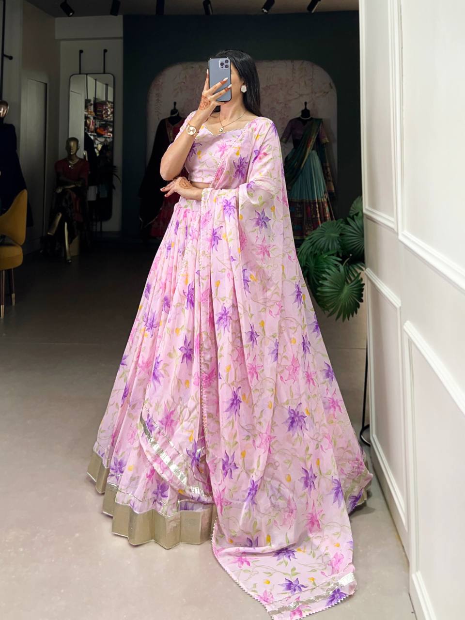 Traditional Tabby Silk Lehenga Choli With Floral Print | Ready To Wear