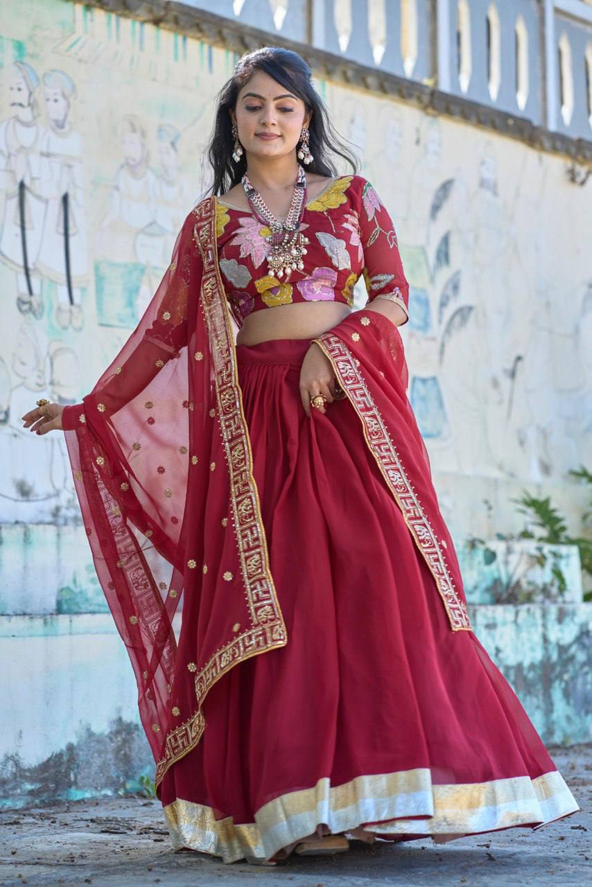 Classical Maroon Embroidery Lehenga Choli With Heavy Gorgette Work | Ready To Wear