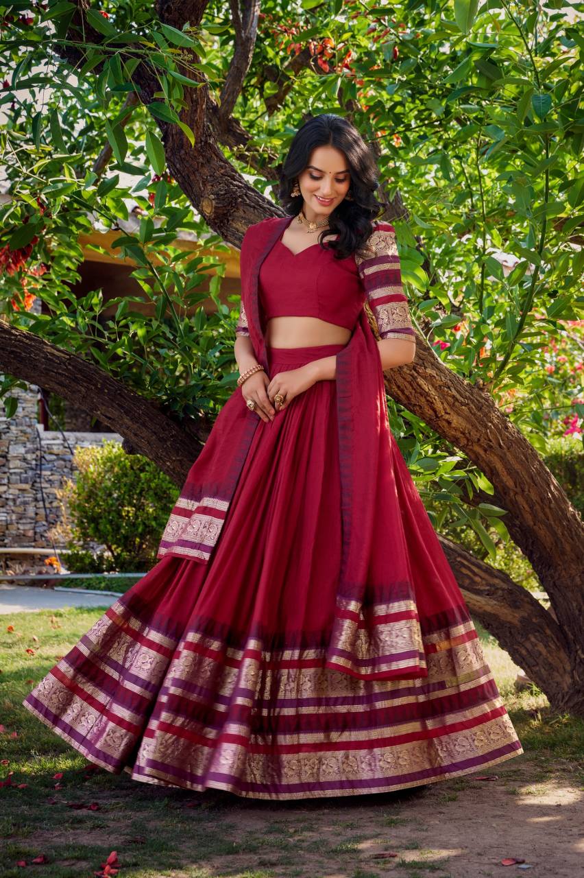 Pure Chanderi Lehenga Choli With Plain And Zari Weaving Work | Ready To Wear